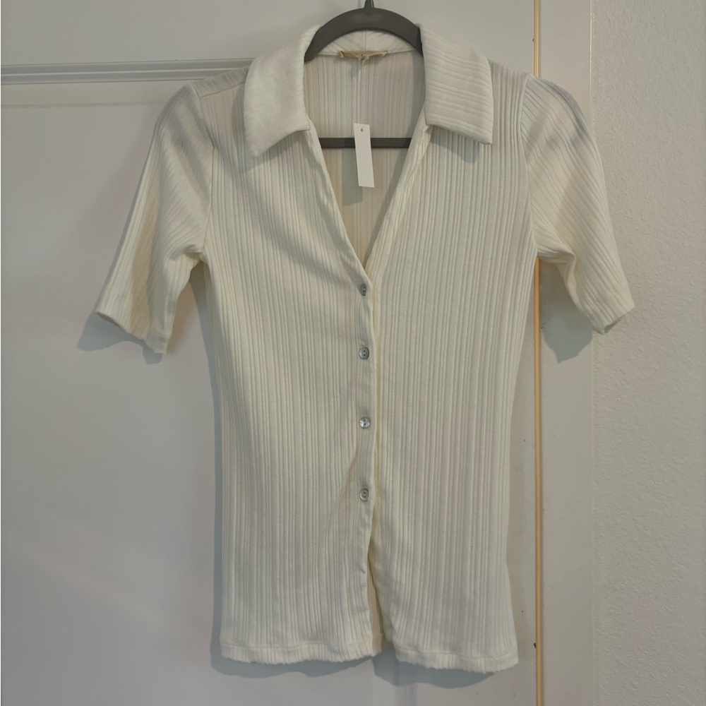 Women's Cream Button-Up Ribbed Top
